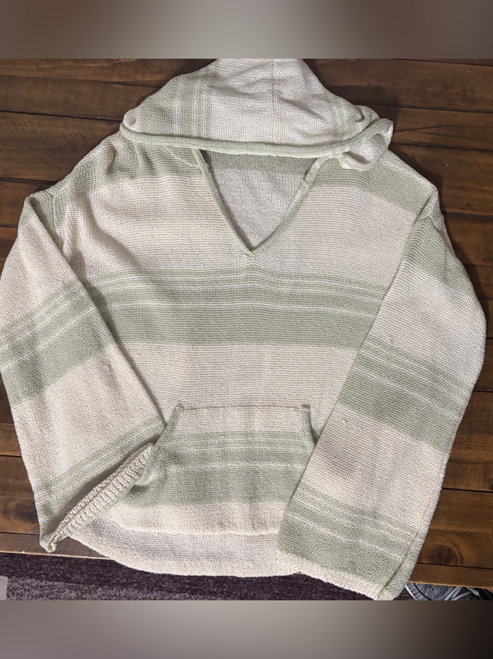 Wishlist Hooded V-Neck Sweater in Light Green and Cream